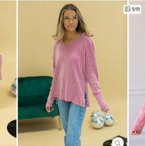 Grace And Emma Pink V-Neck Waffle Knit Collard Mineral Wash Distressed Sweater